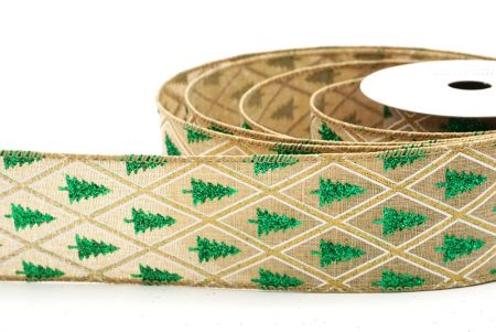 Natural Brown/Green Diamond Glitter Christmas tree design Wired Ribbon_KF8615GC-13-183