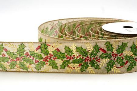 Natural Brown Christmas Holly Leaves & Berries Design Wired Ribbon_KF8619GC-13-183