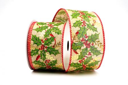 Light Brown/Red Christmas Holly Leaves & Berries Design Wired Ribbon_KF8619GC-14-7