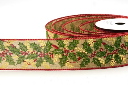 Light Brown/Red Christmas Holly Leaves & Berries Design Wired Ribbon_KF8619GC-14-7