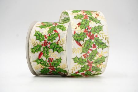 Cream White Christmas Holly Leaves & Berries Design Wired Ribbon_KF8619GC-2-2