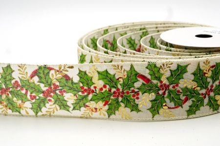 Cremeweiße Weihnachtsdekoration mit Stechpalmenblättern & Beeren Design Drahtband_KF8619GC-2-2