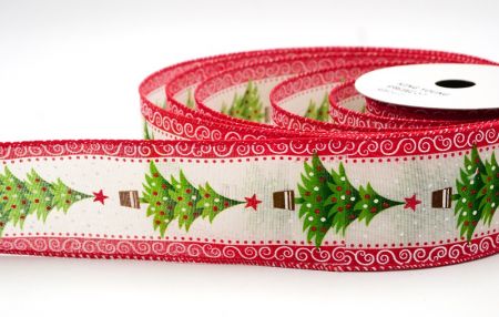 Cream White/Red Christmas Tree & Snow Wired Ribbon_KF8620GC-2-7