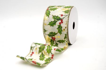 Cream_Glittery Winter Holly and Berries Wired Ribbon_KF8630GV-2