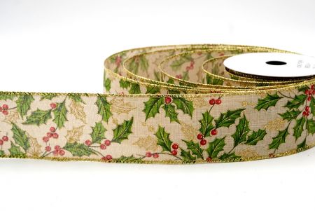 Natural_Glittery Winter Holly and Berries Wired Ribbon_KF8631G-14