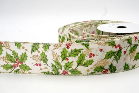 Cream_Glittery Winter Holly and Berries Wired Ribbon_KF8631GC-2-2