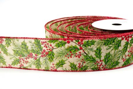 Khaki_Glittery Winter Holly and Berries Wired Ribbon_KF8633GC-13-7