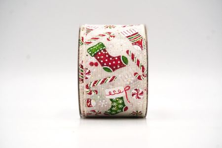 Cream White Christmas Sock, Gifts & Candy Cane Design Wired Ribbon_KF8648GC-2-2