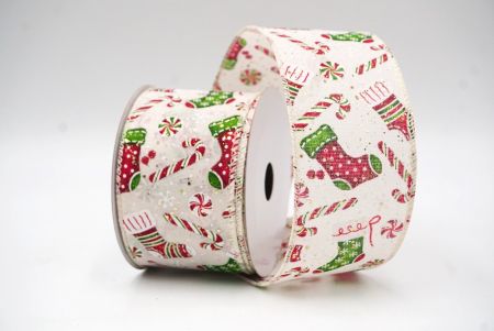 Cream White Christmas Sock, Gifts & Candy Cane Design Wired Ribbon_KF8648GC-2-2