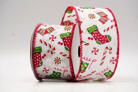 Chaussette de Noël blanche/rouge, cadeaux et design canne en sucre en fil câblé_KF8649GC-1-7