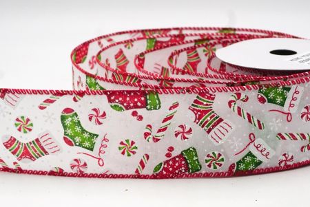 Chaussette de Noël blanche/rouge, cadeaux et design canne en sucre en fil câblé_KF8649GC-1-7