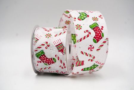 White Christmas Sock, Gifts & Candy Cane Design Wired Ribbon_KF8650GC-1-1