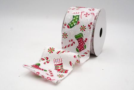 White Christmas Sock, Gifts & Candy Cane Design Wired Ribbon_KF8650GC-1-1