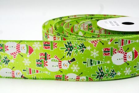 Apple green Snowman, Christmas tree, & Candy Cane Design Wired Ribbon_KF8667GC-15-190