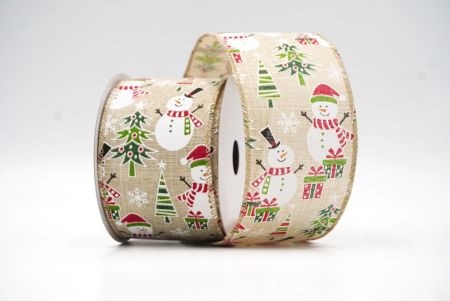 Natural brown Snowman, Christmas tree, & Candy Cane Design Wired Ribbon_KF8668GC-13-183