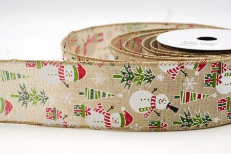 Natural brown Snowman, Christmas tree, & Candy Cane Design Wired Ribbon_KF8668GC-13-183