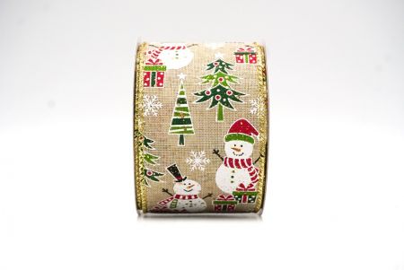 Ruban en fil câblé avec design bonhomme de neige marron naturel-or, sapin de Noël et canne en sucre_KF8669G-13