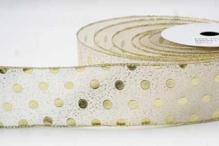 Cream White Metallic Foil Polka Dots Wired Ribbon_KF8681GV-2