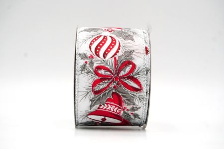 White Festive Ornament & Bell Holiday Wired Ribbon_KF8693G-1