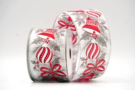 White Festive Ornament & Bell Holiday Wired Ribbon_KF8693G-1