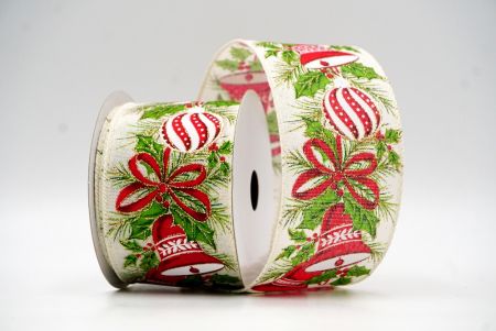 Cream White Festive Ornament & Bell Holiday Wired Ribbon_KF8695GC-2-2