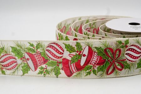 Cream White Festive Ornament & Bell Holiday Wired Ribbon_KF8695GC-2-2