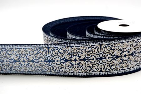 Navy Blue_Classic Damask Patterned Wired Ribbon_KF8704GC-4-4