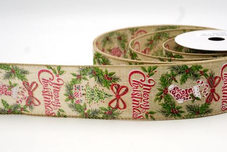 Light Brown Merry Christmas Wreath & Holiday Stocking Wired Ribbon_KF8708GC-13-183