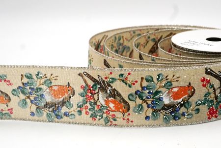 Light brown/Silver Winter Robin & Berry Branch Wired Ribbon_KF8710G-13