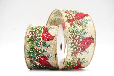 Light Brown Christmas Cardinal & Sprig Wired Ribbon_KF8711GC-13-183