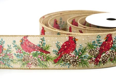 Light Brown Christmas Cardinal & Sprig Wired Ribbon_KF8711GC-13-183