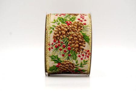 Khaki_Christmas Pinecones Wired Ribbon_KF8712G-13