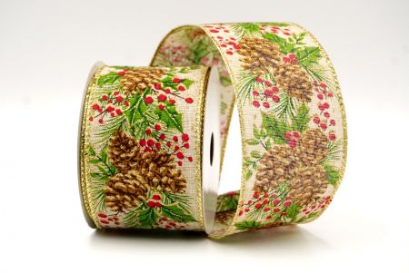 Khaki_Christmas Pinecones Wired Ribbon_KF8712G-13