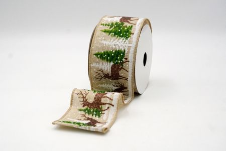 Khaki_Winter Forest Reindeer Wired Ribbon_KF8723GC-13-183