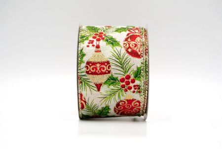 Cream_Festive Pine and Bauble Holly Wired Ribbon_KF8736GV-2