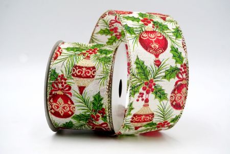 Cream_Festive Pine and Bauble Holly Wired Ribbon_KF8736GV-2