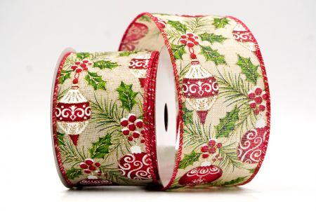 Khaki_Festive Pine and Bauble Holly Wired Ribbon_KF8737GC-13-7