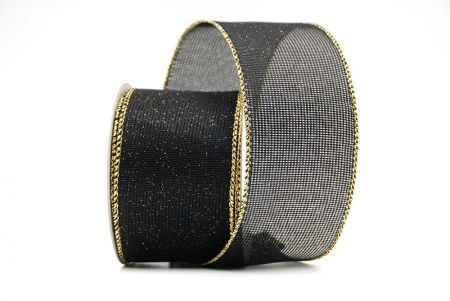 Black/Gold Solid Color Glittered Hessian Wired Ribbon with Burlap Texture_KF8742G-53G