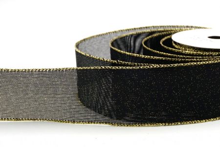 Black/Gold Solid Color Glittered Hessian Wired Ribbon with Burlap Texture_KF8742G-53G