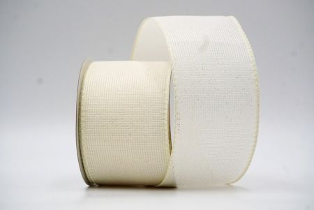 Cream White Solid Color Glittered Hessian Wired Ribbon with Burlap Texture_KF8742GC-2-2