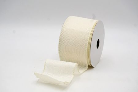 Cream White Solid Color Glittered Hessian Wired Ribbon with Burlap Texture_KF8742GC-2-2