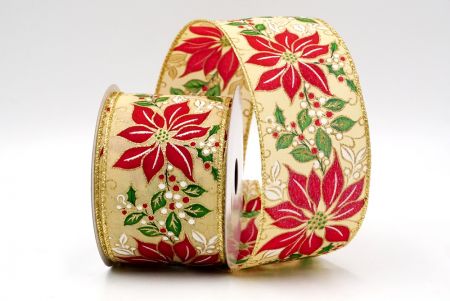 Khaki_Holiday Poinsettia and Holly Wired Ribbon_KF8745G-13