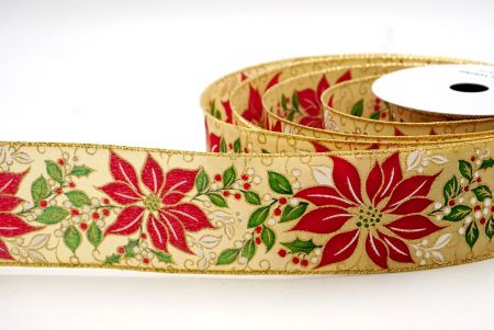 Khaki_Holiday Poinsettia and Holly Wired Ribbon_KF8745G-13