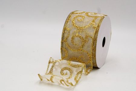 Cream White Glitter & White Fancy Swirl Curl Wired Ribbon_KF8772G-2