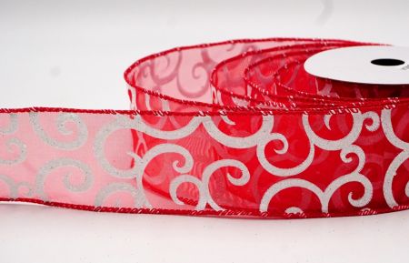 Red/ Sheer Glitter & White Fancy Swirl Curl Wired Ribbon_KF8774GC-7-7