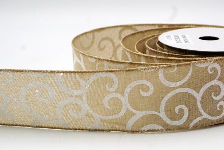 Light Brown Glitter & White Fancy Swirl Curl Wired Ribbon_KF8775GC-13-183