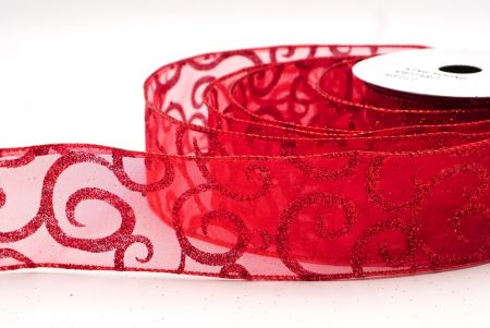 Red/Sheer Glitter & White Fancy Swirl Curl Wired Ribbon_KF8777GR-7