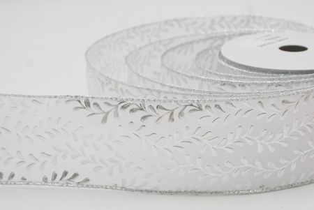 White/silver Foil Leaf Vines Design Wired Ribbon_KF8781G-1