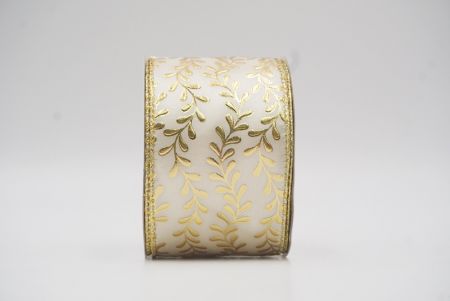 Cream White/Gold Foil Leaf Vines Design Wired Ribbon_KF8781G-2