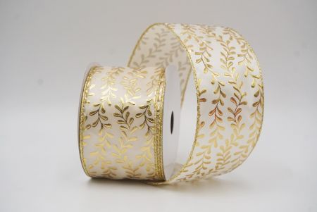 Cream White/Gold Foil Leaf Vines Design Wired Ribbon_KF8781G-2